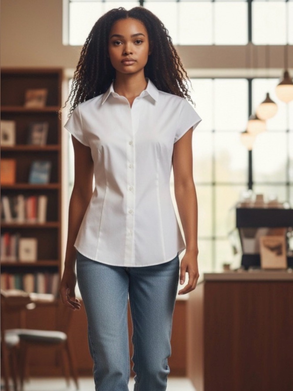 Theory white stretch-cotton cap-sleeve button-down blouse. size M